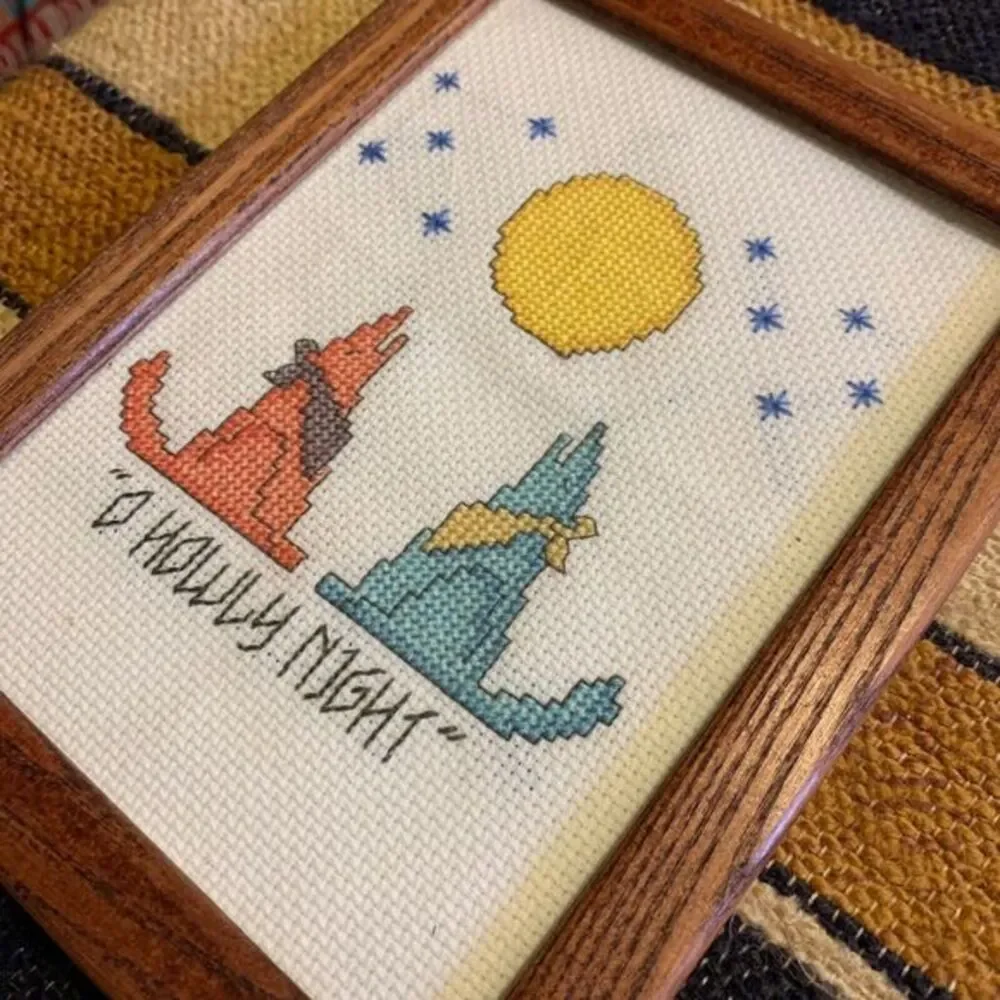Vintage Southwest Cross Stitch Framed Art‎ Howling Dog Christmas Handmade
